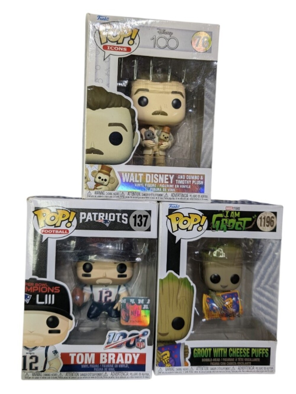 Funko Pop! Walt Disney, Tom Brady & Groot W/ Cheese Puffs